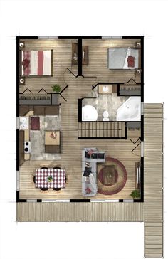 an overhead view of a floor plan for a small apartment with two beds and one living room