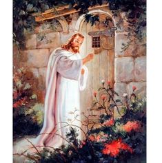 a painting of jesus standing in front of a door with flowers and vines around him