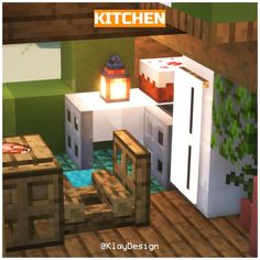 an image of a kitchen in minecraft with the words kitchen on top of it