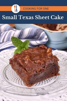 a close up of a piece of cake on a plate with the title cooking for one small texas sheet cake