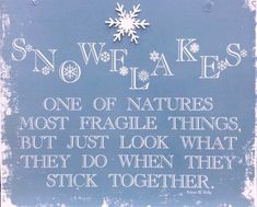 a blue sign with white writing on it that says snowflakes are one of nature's most fragile things, but just look what they do when they stick together