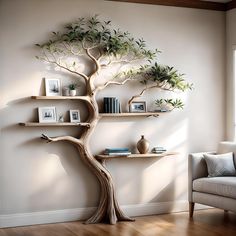 a tree shaped shelf with books and pictures on it