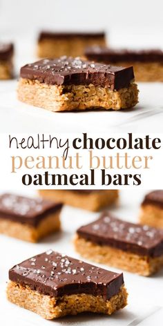 healthy chocolate peanut butter oatmeal bars are stacked on top of each other