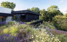 the house is surrounded by many different plants and flowers in front of it, including lavenders