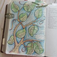 an open bible with a tree on the pages and words written in different languages that spell out joy