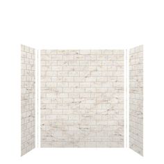 an open shower door with white tiles on the wall