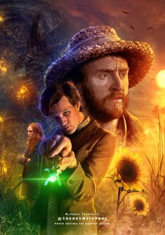 the poster for doctor who is holding a green light in his hand and pointing at something