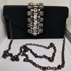 Sondra Roberts Squared Black Small Shoulder Bag With Chain Strap And Rhinestones Embellished Black Evening Bag For Night Out, Formal Black Embellished Evening Bag, Black Evening Bags With Bling, Black Rhinestone Evening Bag For Formal Occasions, Formal Black Evening Bag With Rhinestones, Black Rhinestone Evening Bag For Events, Formal Black Shoulder Bag With Studs, Elegant Black Evening Bag With Rhinestones, Black Evening Bag With Rhinestones