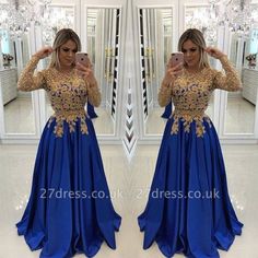 Modern Royal Blue & Gold Lace Evening Dress UK | Long Sleeve Party Gown | 27dress.co.uk Lace Evening Dress Long, Evening Dresses Uk, Long Sleeve Ball Gowns, Blue Ball Gowns, Cheap Wedding Dresses Online, Royal Blue Prom Dresses, Long Sleeve Dress Formal, Lace Formal Dress, Long Sleeve Evening Dresses