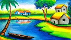 a painting of a boat on the water with houses and palm trees in the background