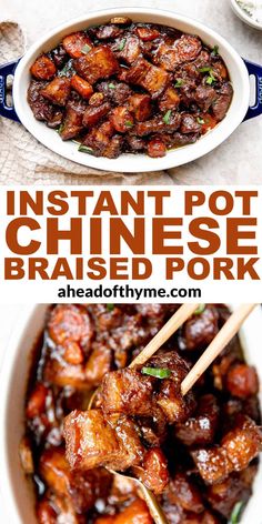 instant pot chinese braised pork in a white bowl with chopsticks