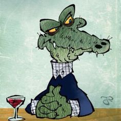 a drawing of a green monster sitting at a table with a glass of wine in front of it