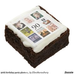 a chocolate cake with white frosting and photos on it's side, in the shape of a square