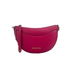 Style: Michael Kors Dover Small Half Moon Crossbody Bag (Electric Pink) Material: Pebbled Leather Features: 3 Inner Card Slots, Adjustable Crossbody Strap, Jacquard Lining, Zip Closure, Outer Slip Pocket Measures: 9.5" W x 6.75" H x 5.25" D Gender: female.  Age Group: adult. Half Moon, Crossbody Strap, Cloth Bags, Pebbled Leather, Gender Female, Card Slots, Slots, Age Group, Bag Accessories