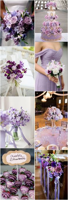 purple and white wedding flowers are arranged on the table for this photo collager