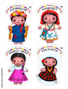 four stickers with different types of people in mexican dress and name on the front