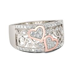 two hearts ring with diamonds in the middle