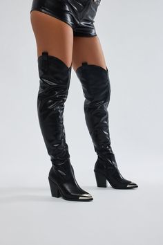 Available In Black And White. Thigh High Cowboy Boots Zipper Detail Pointed Toe High Heel Block Heel Imported | Old West Thigh High Cowboy Boots in Black size 6.5 by Fashion Nova Thigh High Cowboy Boots, High Cowboy Boots, Black Thigh High Boots, Boots Zipper, Spooky Szn, Old West, Zipper Detail, Thigh High Boots, Shoes Shoes