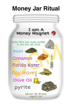 Money Oil Recipes Hoodoo, Money Jar Aesthetic, Abundance Jar, Money Jar Spell, Money Oil Recipe, Money Candle Spell, 369 Method