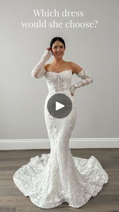 a woman in a wedding dress with the caption which dress would she choose?