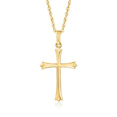 Ross-Simons - 14kt Yellow Gold Budded Cross Pendant Necklace. 18". This pendant necklace presents an elegant rendering of the traditional budded cross. The three petals on each end represent the Holy Trinity. Suspends from a rope chain with a springring clasp. 14kt yellow gold cross pendant necklace. Gold Cross Pendant Design, Classic Yellow Gold Cross Pendant Necklace, Classic Formal Cross Necklace, Classic Cross Pendant Necklace, Classic Yellow Gold Cross Necklace, Classic Crucifix Cross Necklace For Formal Occasions, Cross Pendant Design, Crosses Diy, Wood Crosses Diy