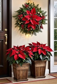 two potted plants with poinsettias in front of a door decorated for christmas