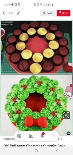 two pictures with green and yellow cupcakes in the shape of christmas wreath on them