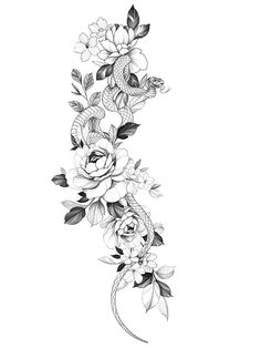 a black and white drawing of flowers with leaves on the bottom half of each flower