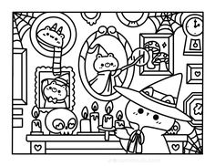 a coloring page with an image of a cat in a hat and other items on the table