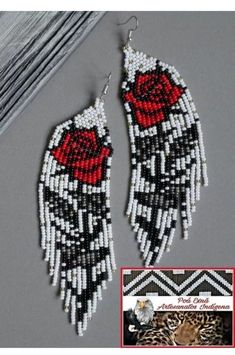 two pairs of beaded earrings with red roses on them