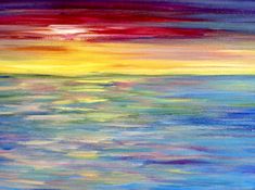 an abstract painting of the sun setting over water