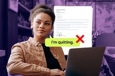 a woman sitting in front of a laptop computer with the words i'm quiting