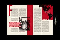 an open magazine with red and black images