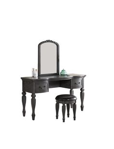 an antique vanity with stool and mirror in black finish, isolated against a white background