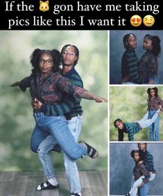 a man and woman are dancing together in the middle of four different photos, one has her arms around the other's neck