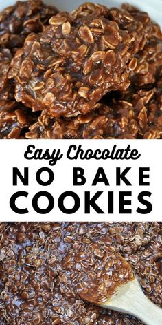 chocolate no bake cookies are stacked on top of each other with the words, easy chocolate no bake cookies