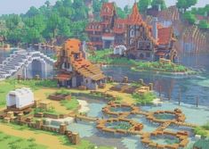 Minecraft Mountainside Village, Aesthetic Minecraft Houses Cottagecore, Minecraft Revamped Village, Minecraft Sniffer Enclosure Ideas, Minecraft Town Center Ideas, Minecraft Town Center, Large Minecraft Houses, Minecraft Kingdom