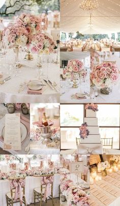 a collage of photos with pink flowers and white linens on the tables at a wedding reception