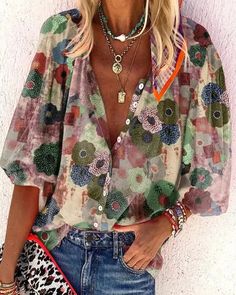 Lasaky - Floral Print Button Down Lantern Sleeve Shirt Styl Boho, Puff Sleeve Blouse, Cardigan Fashion, Women Shirts Blouse, Floral Shirt, Floral Top, Long Sleeve Casual, Printed Blouse, Shirt Sleeves