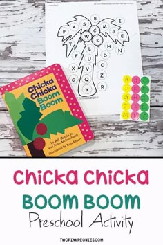 the chicka chicka boom preschool activity is shown on a table with an adult coloring book