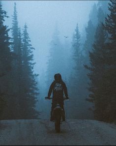 a person riding a motorcycle on a dirt road in the middle of some pine trees