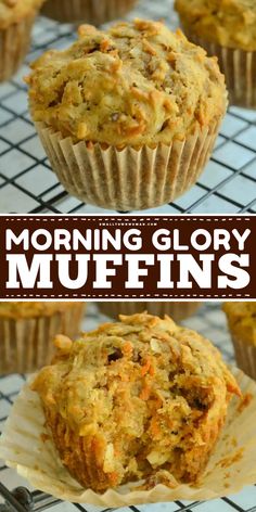 Learn how to make Morning Glory Muffins! They're a simple breakfast idea or easy brunch recipe. Loaded with dried fruit, carrots, nuts, and spices, these breakfast muffins are also a delicious snack recipe! Quick Easy Brunch Ideas Simple, Morning Muffins Healthy, Savory Muffins Breakfast, Savoury Muffins Recipes, Moist Muffin Recipes, Baking Recipes Muffins, Simple Muffins, Scones Breakfast, Lush Desserts