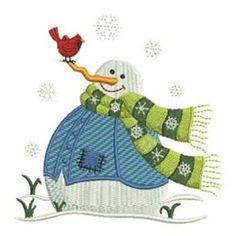 a snowman with a red bird on his arm