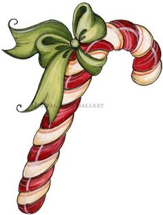 a candy cane with a green bow on it's top is painted in red, white and green