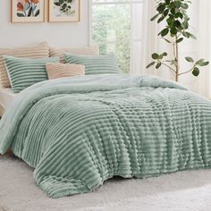 a bed with green comforter and pillows next to a potted plant in front of a window