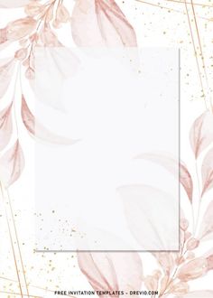 a pink and gold watercolor floral background with a white square in the middle, surrounded by leaves