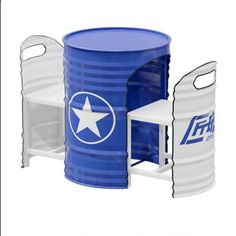 two plastic barrels and a table with a star on the top one is blue and white