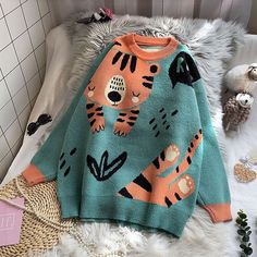 Size (one size only): Length: 58cm/22.8", Bust 92cm/36.2", Shoulder 40cm/15.7", Sleeve 48cm/18.9" Cheap Graphic Print Sweater For Spring, Cheap Crew Neck Sweatshirt With Cat Print, Gucci Mystic Cat Sweater, Playful Blue Sweater, Marcelina Cat Sweater, Intarsia Animal Sweater Women, Affordable Cat Print Hoodie For Fall, Cartoon Sweater, Kawaii Sweater