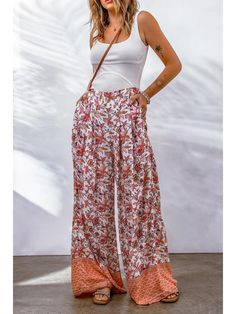 Wide Leg Pants Flowy Silhouette High Waist Style Elastic Waist Material: 100% Polyester Fabric Has No Stretch Pleated Culottes, High Waist Wide Leg Pants, Fiery Red, Pantalon Large, Floral Style, Boho Floral, Looks Vintage, Flare Pants, Plus Size Tops