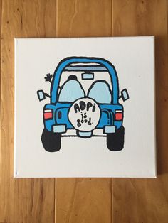 a painting of a dog driving a blue car with its paw prints on the front